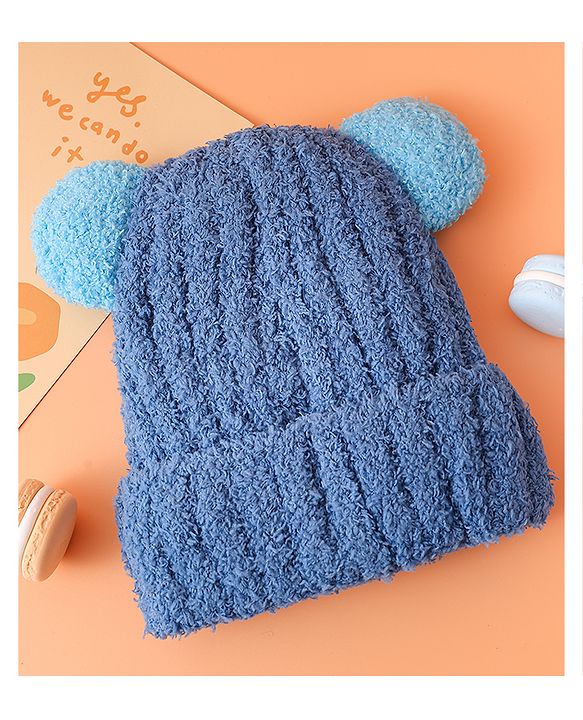 Babyhug Woollen Cap with Ear & Embroidery Blue - Diameter 12.5 cm