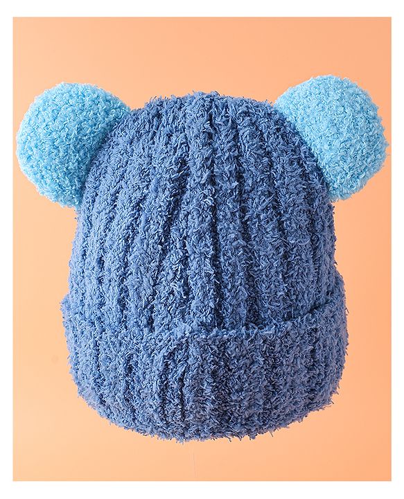Babyhug Woollen Cap with Ear & Embroidery Blue - Diameter 12.5 cm