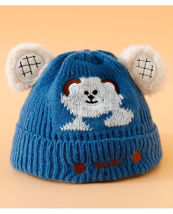 Babyhug Woollen Cap with Bear Embroidery Navy Blue - Diameter 14 cm
