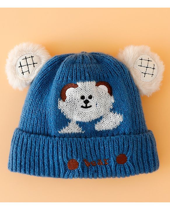 Babyhug Woollen Cap with Bear Embroidery Navy Blue - Diameter 14 cm
