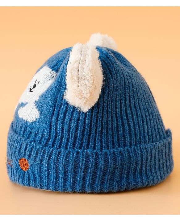 Babyhug Woollen Cap with Bear Embroidery Navy Blue - Diameter 14 cm