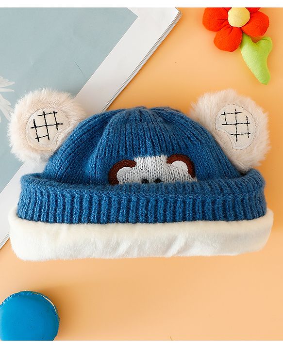 Babyhug Woollen Cap with Bear Embroidery Navy Blue - Diameter 14 cm