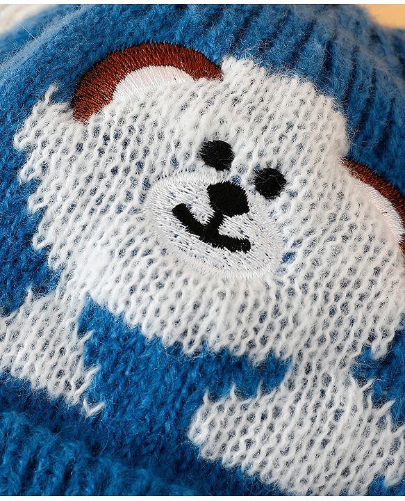 Babyhug Woollen Cap with Bear Embroidery Navy Blue - Diameter 14 cm