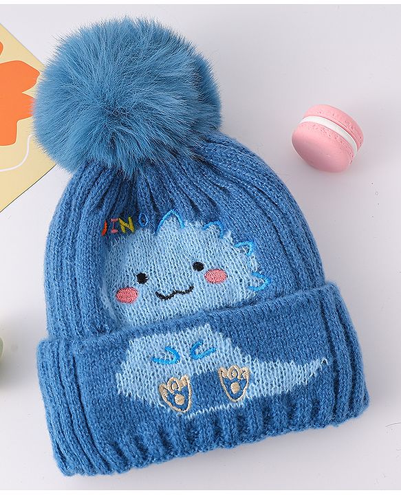 Babyhug Woollen Cap with Pom Pom & Animal Design Blue - Diameter 15 cm