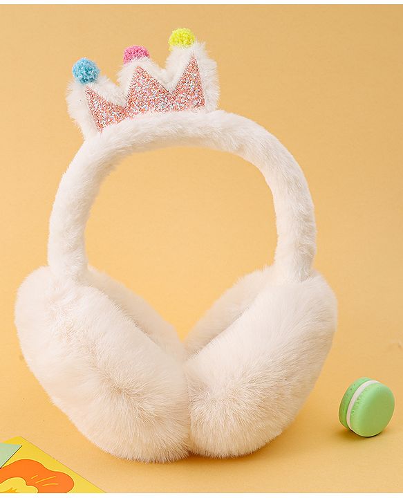 Babyhug Ear Muffs with Crown Applique - White