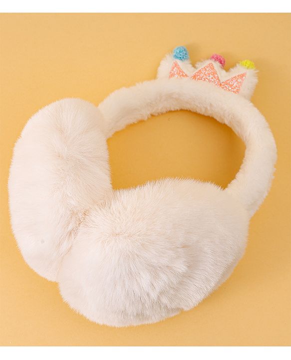 Babyhug Ear Muffs with Crown Applique - White