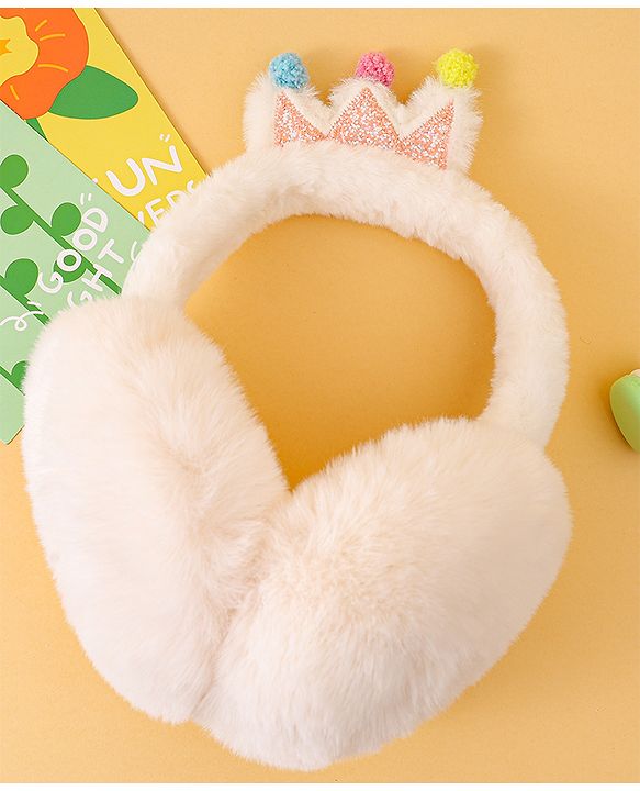 Babyhug Ear Muffs with Crown Applique - White