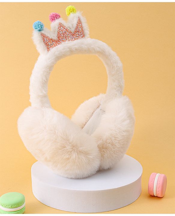 Babyhug Ear Muffs with Crown Applique - White