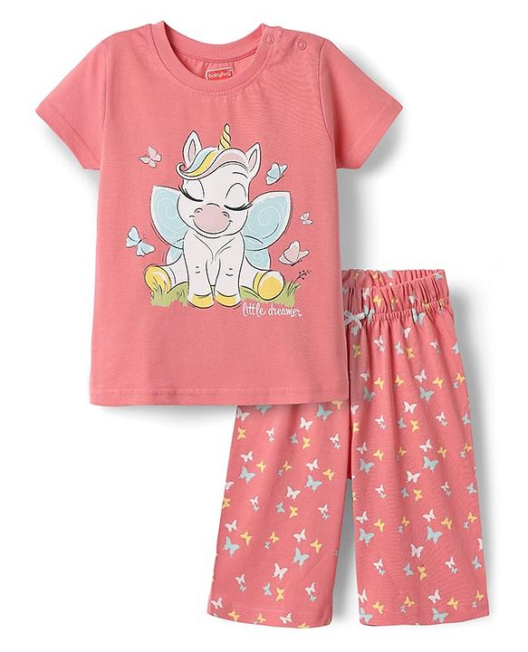 Babyhug Cotton Knit Half Sleeves Capri Night Suit With Unicorn & Butterfly Print - Pink