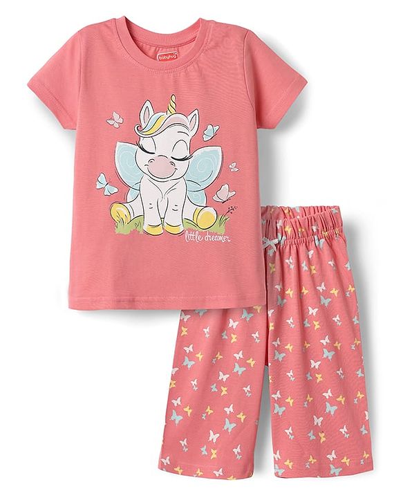 Babyhug Cotton Knit Half Sleeves Capri Night Suit With Unicorn & Butterfly Print - Pink