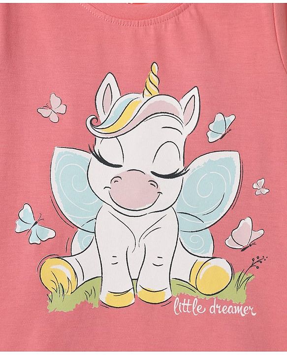 Babyhug Cotton Knit Half Sleeves Capri Night Suit With Unicorn & Butterfly Print - Pink