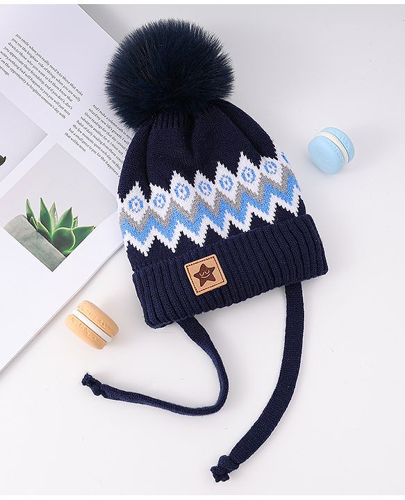 Babyhug Woollen Cap with Knot Design & Pom Pom Navy Blue - Diameter 8.5 cm