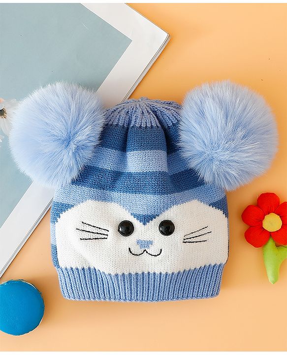 Babyhug Woollen Cap with Kitty Design & Pom Pom Applique Blue - Diameter 13 cm