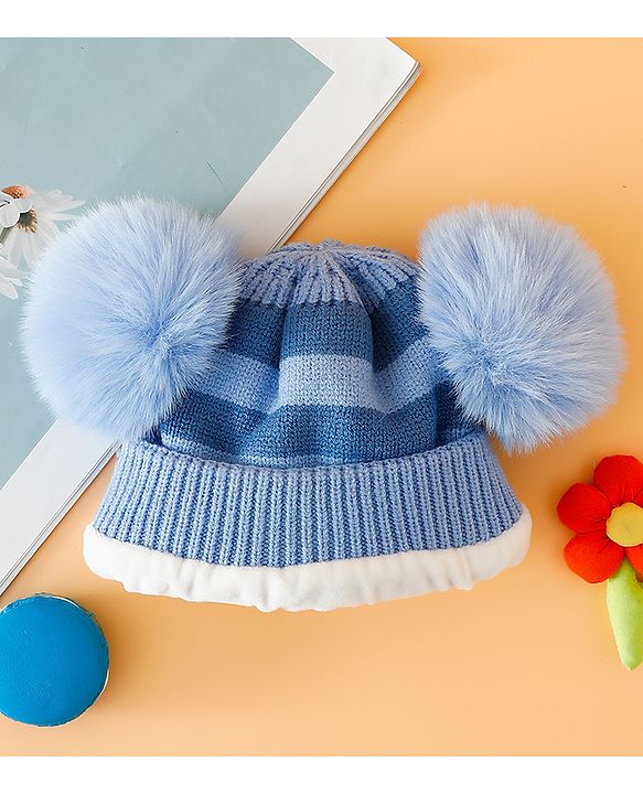 Babyhug Woollen Cap with Kitty Design & Pom Pom Applique Blue - Diameter 13 cm