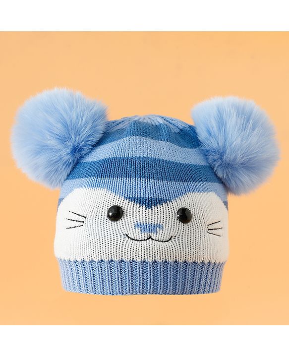 Babyhug Woollen Cap with Kitty Design & Pom Pom Applique Blue - Diameter 13 cm