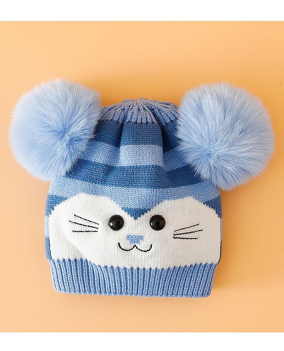 Babyhug Woollen Cap with Kitty Design & Pom Pom Applique Blue - Diameter 13 cm