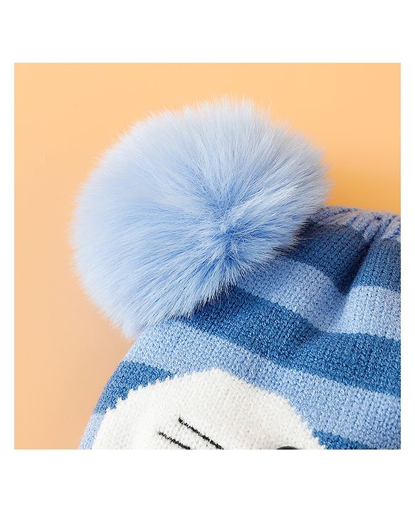 Babyhug Woollen Cap with Kitty Design & Pom Pom Applique Blue - Diameter 13 cm