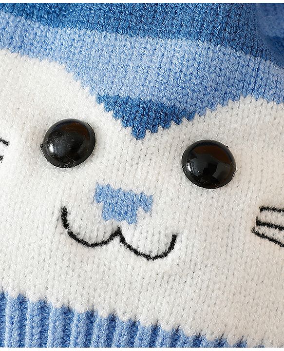 Babyhug Woollen Cap with Kitty Design & Pom Pom Applique Blue - Diameter 13 cm