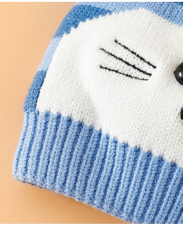 Babyhug Woollen Cap with Kitty Design & Pom Pom Applique Blue - Diameter 13 cm