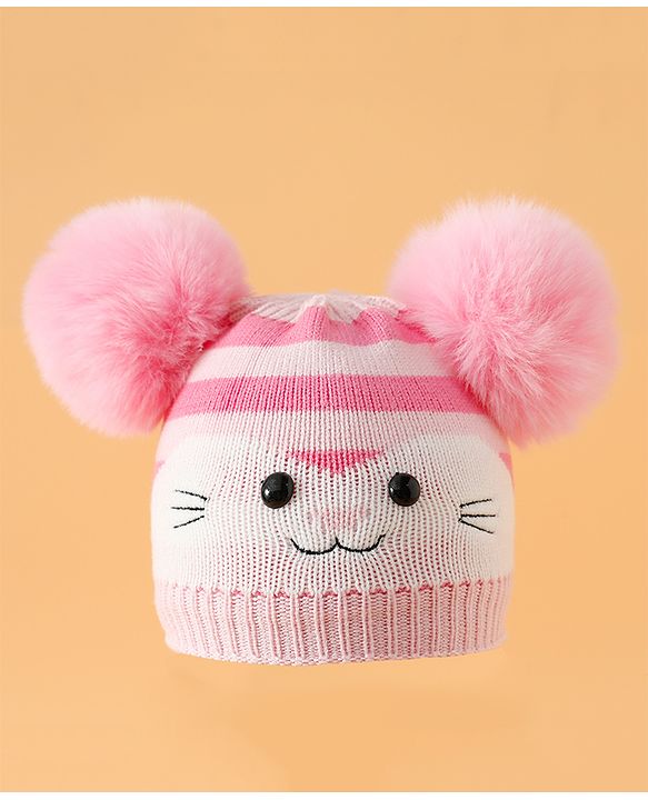 Babyhug Woollen Cap with Kitty Design & Pom Pom Applique Blue - Diameter 13 cm