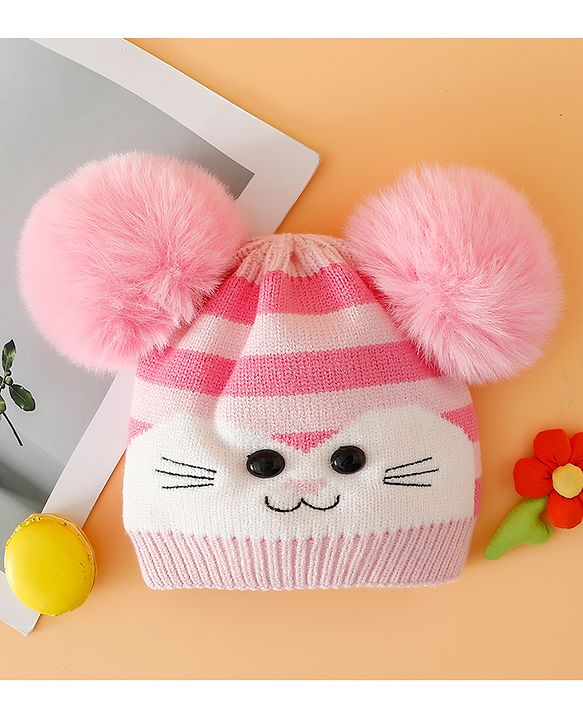 Babyhug Woollen Cap with Kitty Design & Pom Pom Applique Blue - Diameter 13 cm