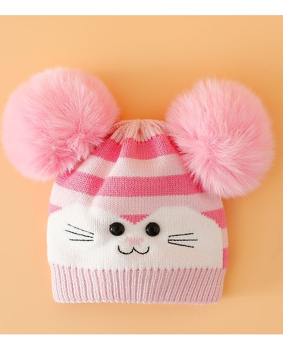 Babyhug Woollen Cap with Kitty Design & Pom Pom Applique Blue - Diameter 13 cm