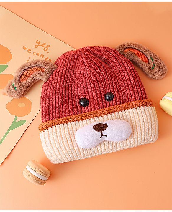 Babyhug Woollen Cap with Ear Bear Design Maroon - Diameter 15 cm