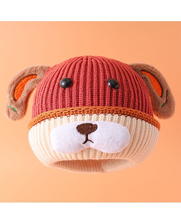 Babyhug Woollen Cap with Ear Bear Design Maroon - Diameter 15 cm