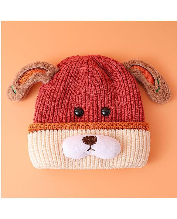 Babyhug Woollen Cap with Ear Bear Design Maroon - Diameter 15 cm