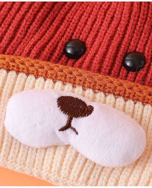 Babyhug Woollen Cap with Ear Bear Design Maroon - Diameter 15 cm