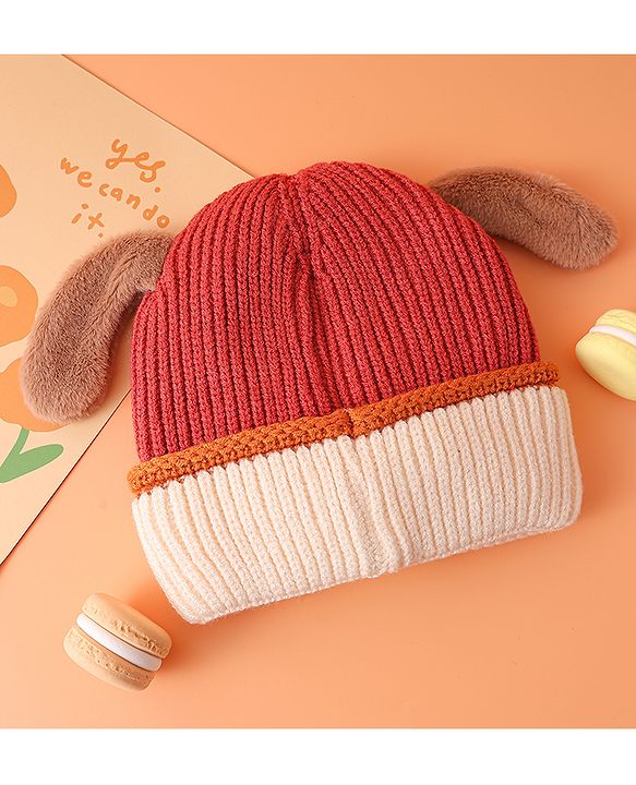 Babyhug Woollen Cap with Ear Bear Design Maroon - Diameter 15 cm