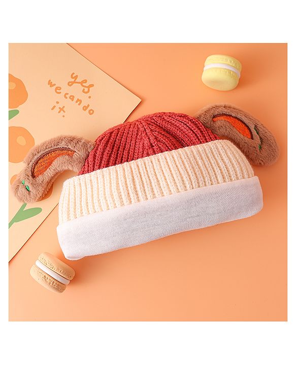 Babyhug Woollen Cap with Ear Bear Design Maroon - Diameter 15 cm