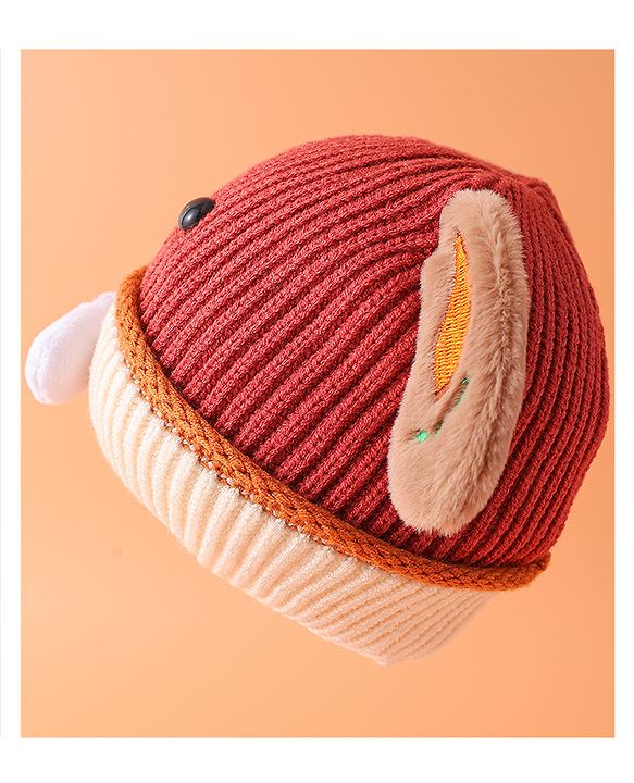 Babyhug Woollen Cap with Ear Bear Design Maroon - Diameter 15 cm