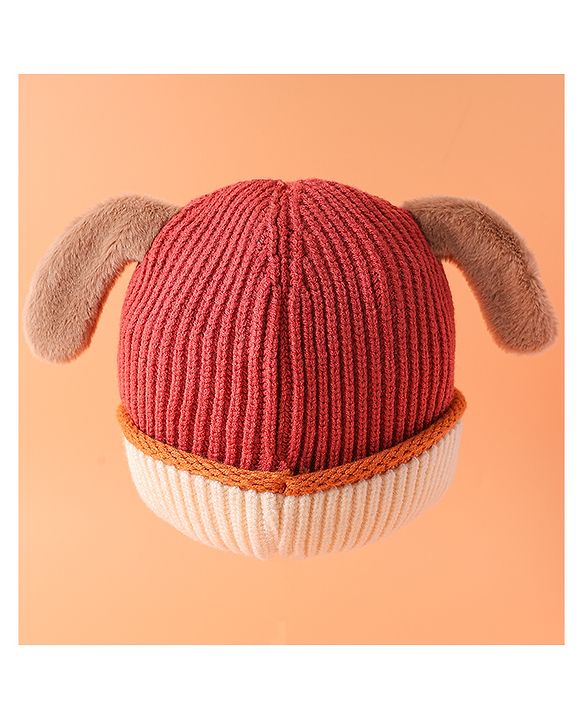 Babyhug Woollen Cap with Ear Bear Design Maroon - Diameter 15 cm