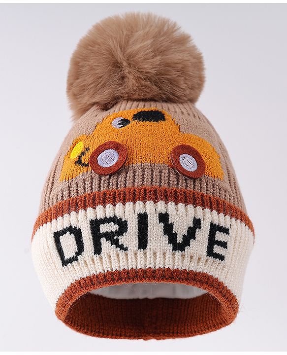 Babyhug Woollen Cap with Vehicle Design & Pom Pom Applique Brown - Diameter 12 cm