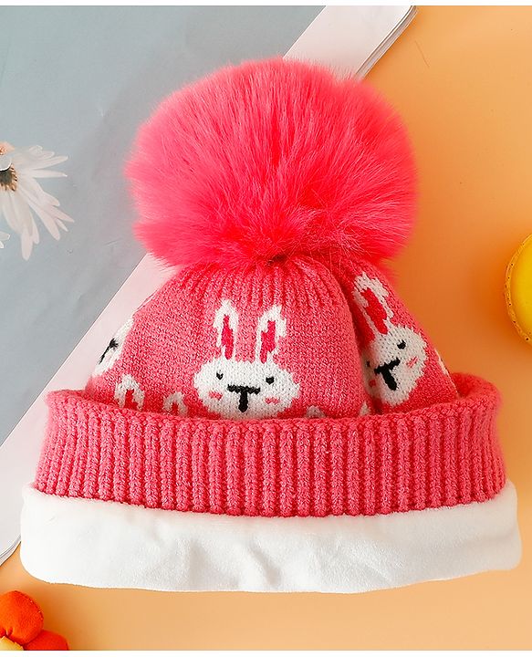 Babyhug Woollen Cap With Bunny Print Pink Diameter - 11 cm