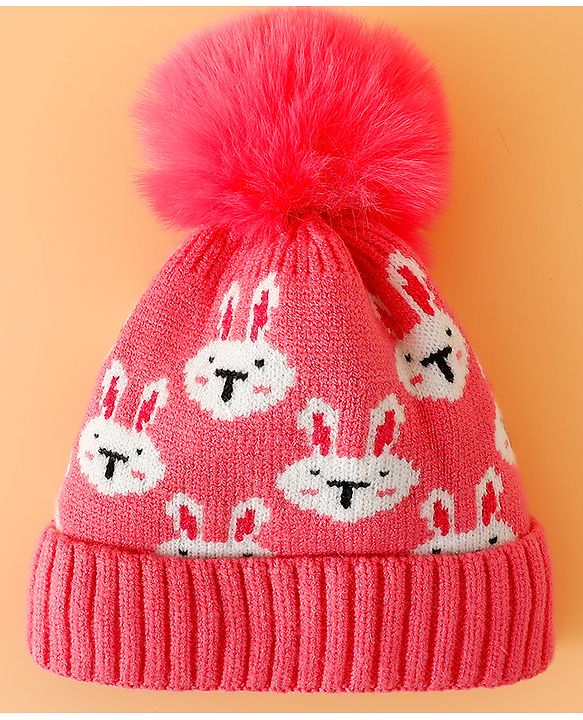Babyhug Woollen Cap With Bunny Print Pink Diameter - 11 cm