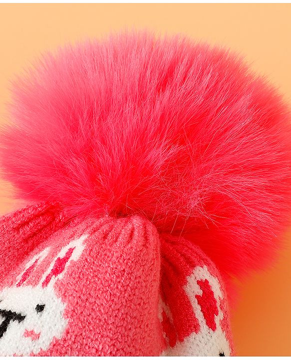 Babyhug Woollen Cap With Bunny Print Pink Diameter - 11 cm