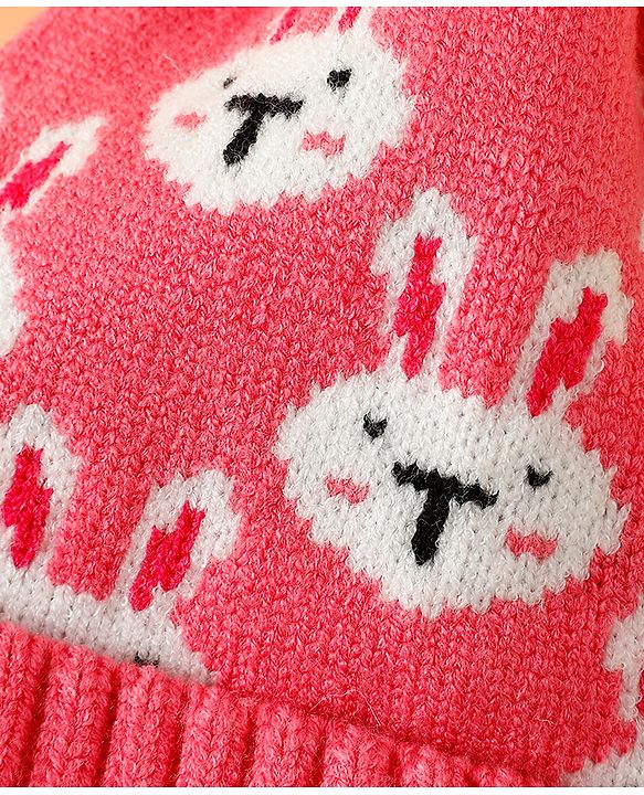 Babyhug Woollen Cap With Bunny Print Pink Diameter - 11 cm