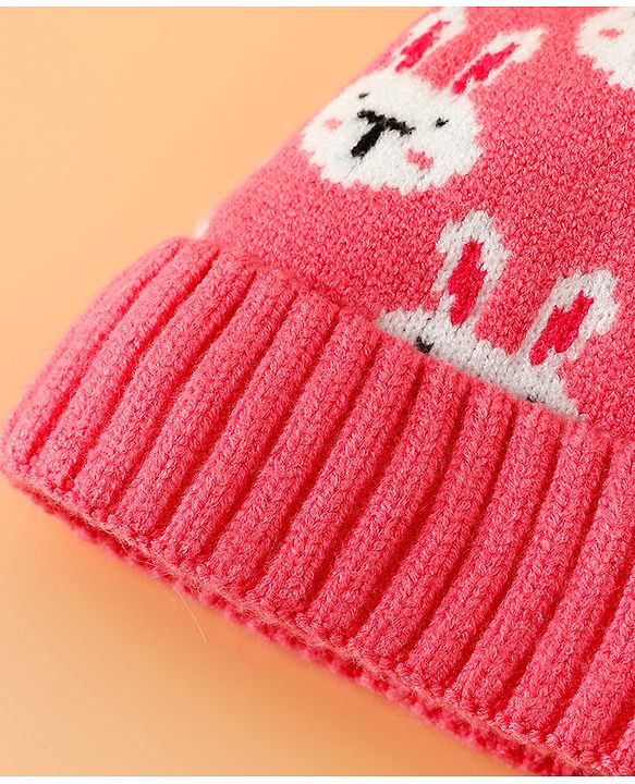 Babyhug Woollen Cap With Bunny Print Pink Diameter - 11 cm