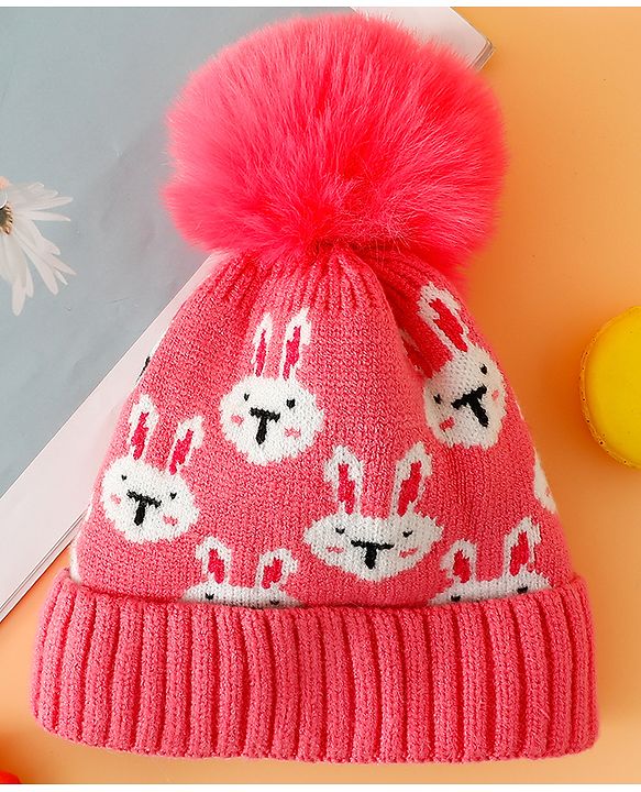 Babyhug Woollen Cap With Bunny Print Pink Diameter - 11 cm