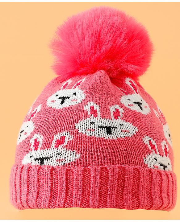 Babyhug Woollen Cap With Bunny Print Pink Diameter - 11 cm