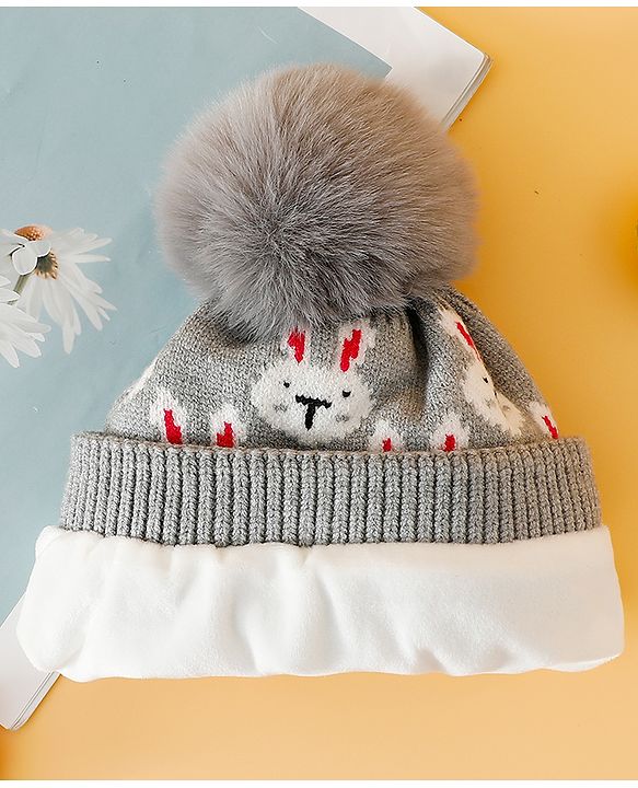Babyhug Woollen Cap With Bunny Print Pink Diameter - 11 cm