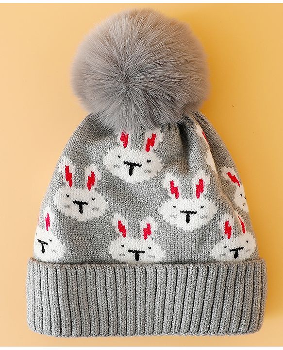 Babyhug Woollen Cap With Bunny Print Pink Diameter - 11 cm