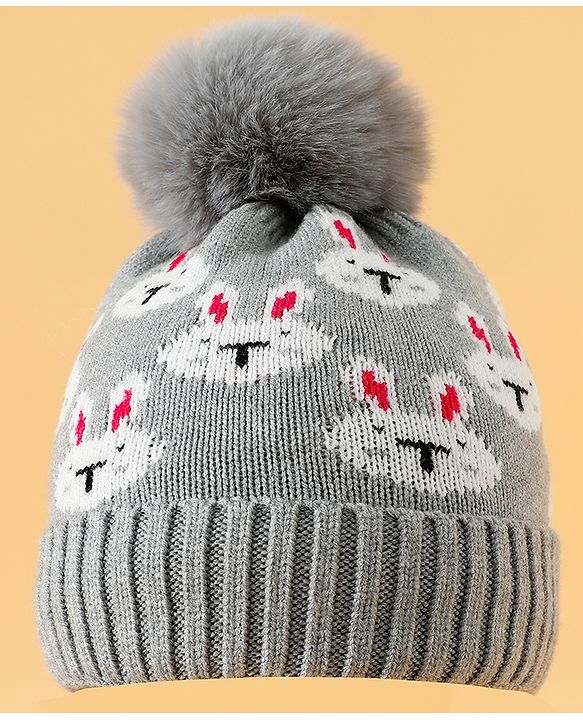 Babyhug Woollen Cap With Bunny Print Pink Diameter - 11 cm