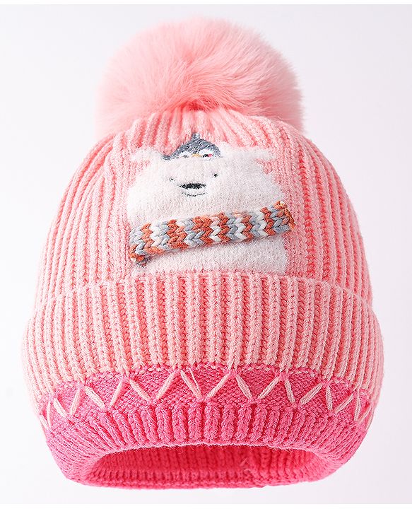 Babyhug Woollen Cap with Pom Pom & Bear Embroidery Pink - Diameter 11 cm