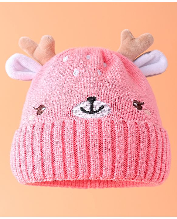 Babyhug Pom Pom Woollen Cap Smiley Embroidery - Blue