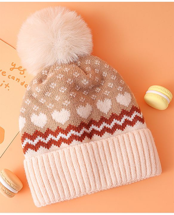 Babyhug Woollen Cap With Hearts Design Khaki - Diameter  15 cm