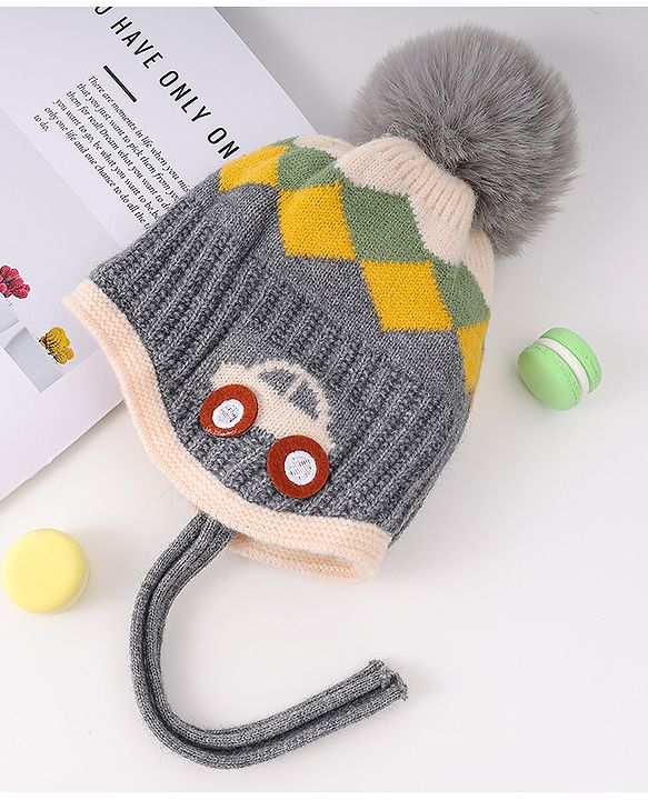 Babyhug Woollen Cap With Knot & Checks Design Grey - Diameter 15 cm