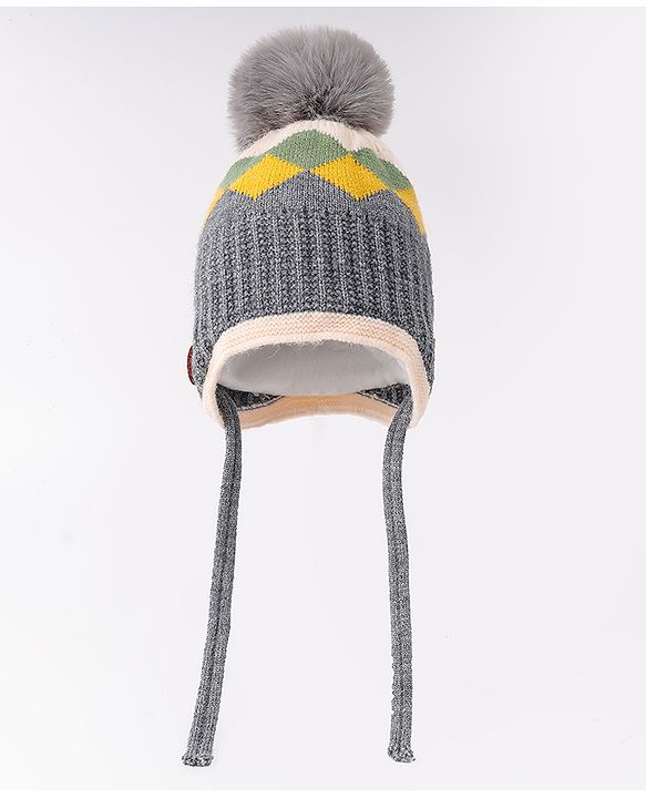 Babyhug Woollen Cap With Knot & Checks Design Grey - Diameter 15 cm